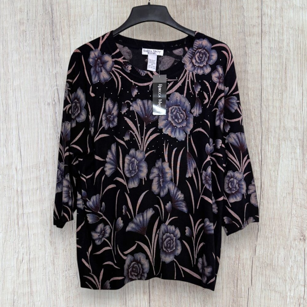 NWT REBECCA MALONE Black Blue Floral Rhinestone Lightweight Tunic Sweater 2X - Picture 2 of 5